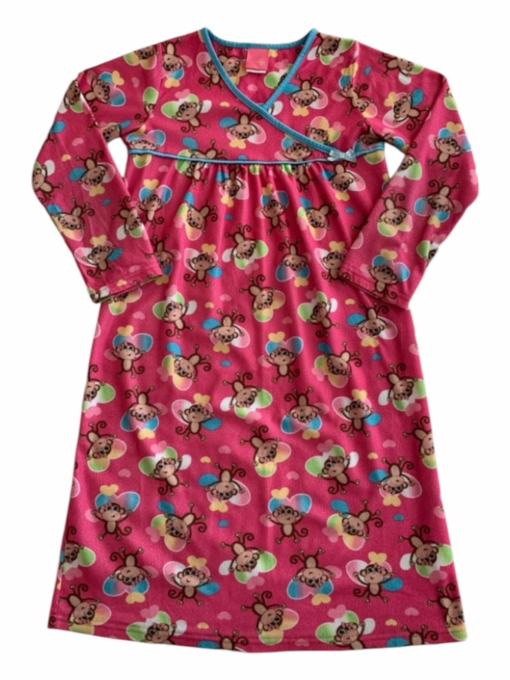 J. Khaki Nightgown Girls L 10/12 Pink Monkey Flannel Pajamas Long Sleeves Hearts